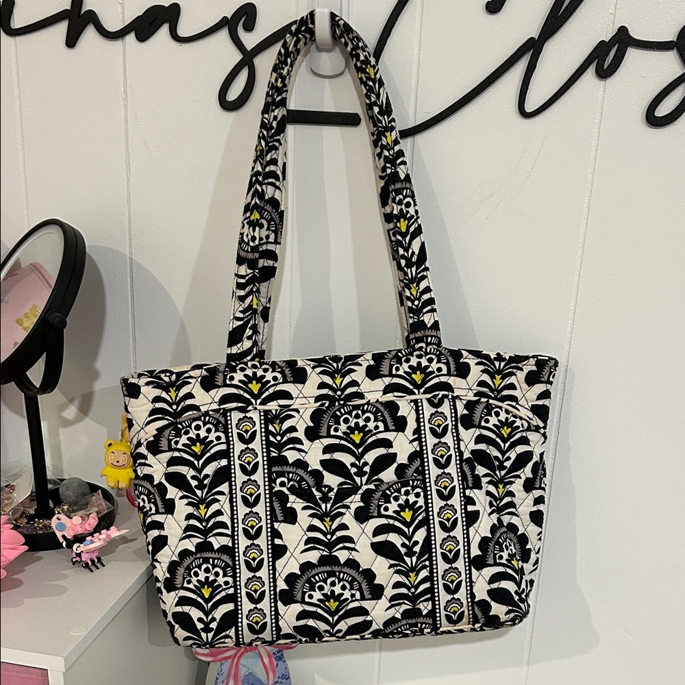 Vera Bradley Black & White Floral Quilted Tote with Yellow Highlights - Picture 6 of 8